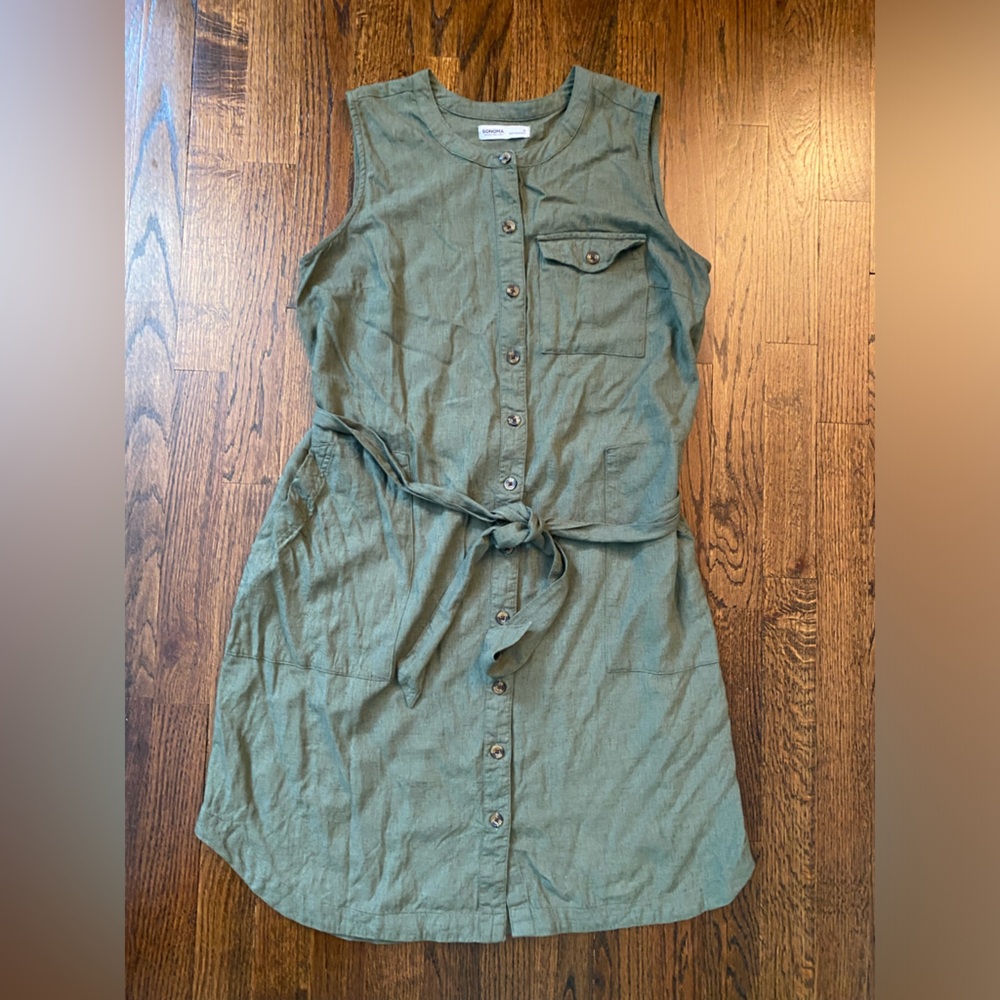 Sleeveless Button-Front Tie-Waist Tunic mini dress lightweight pocket green